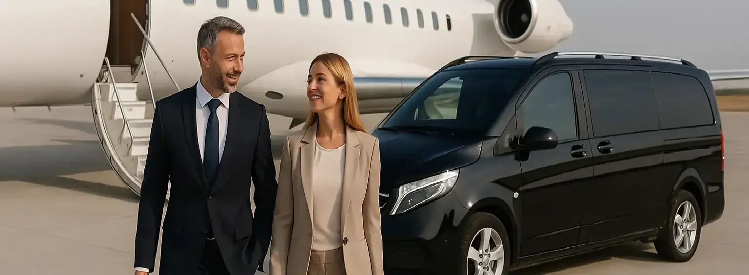 Business couple walking from a private jet to a black MPV for a VIP transfer in Berlin and at Berlin Brandenburg Airport (BER).