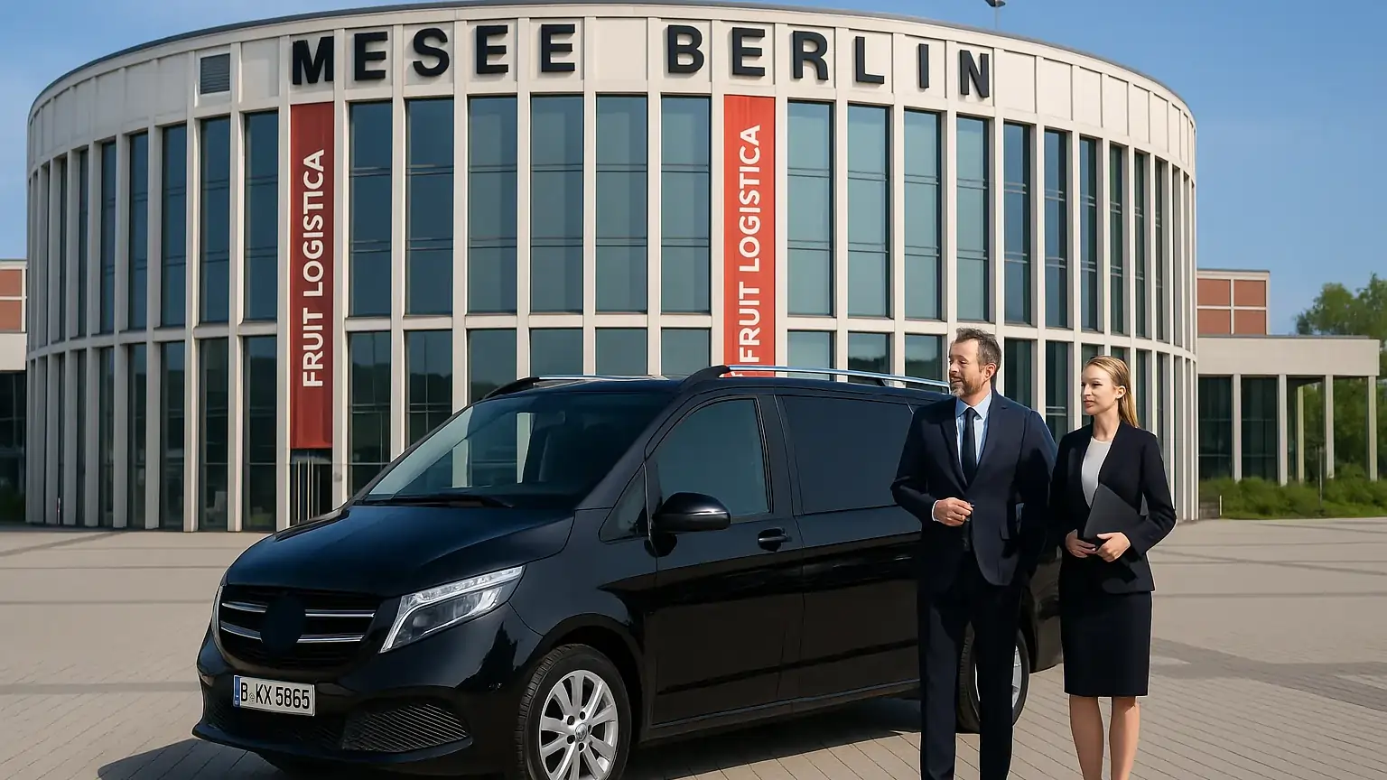Черный минивэн Mercedes-Benz V-Class у выставочного центра Messe Berlin, бизнесмены идут в сторону автомобиля
