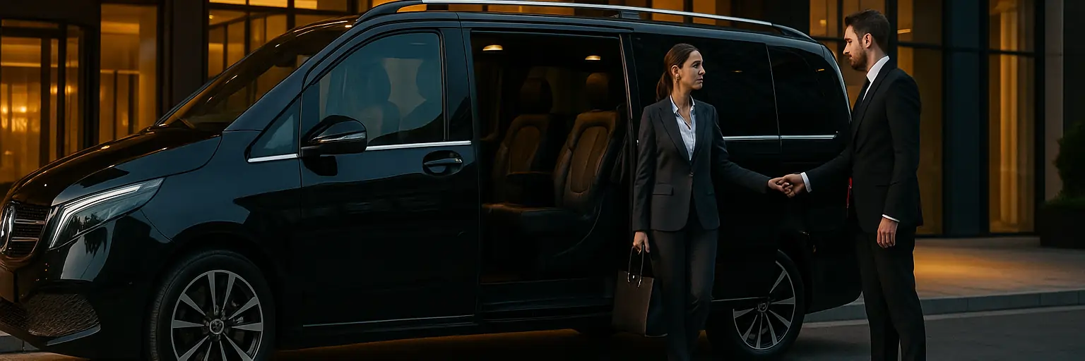 Black Mercedes MPV with chauffeur meeting a business passenger in front of a Berlin hotel