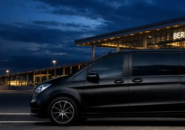 Black luxury minivan at Berlin Brandenburg Airport (BER) for premium transfers - Berlin, Germany, Europe. Professional service available 24/7