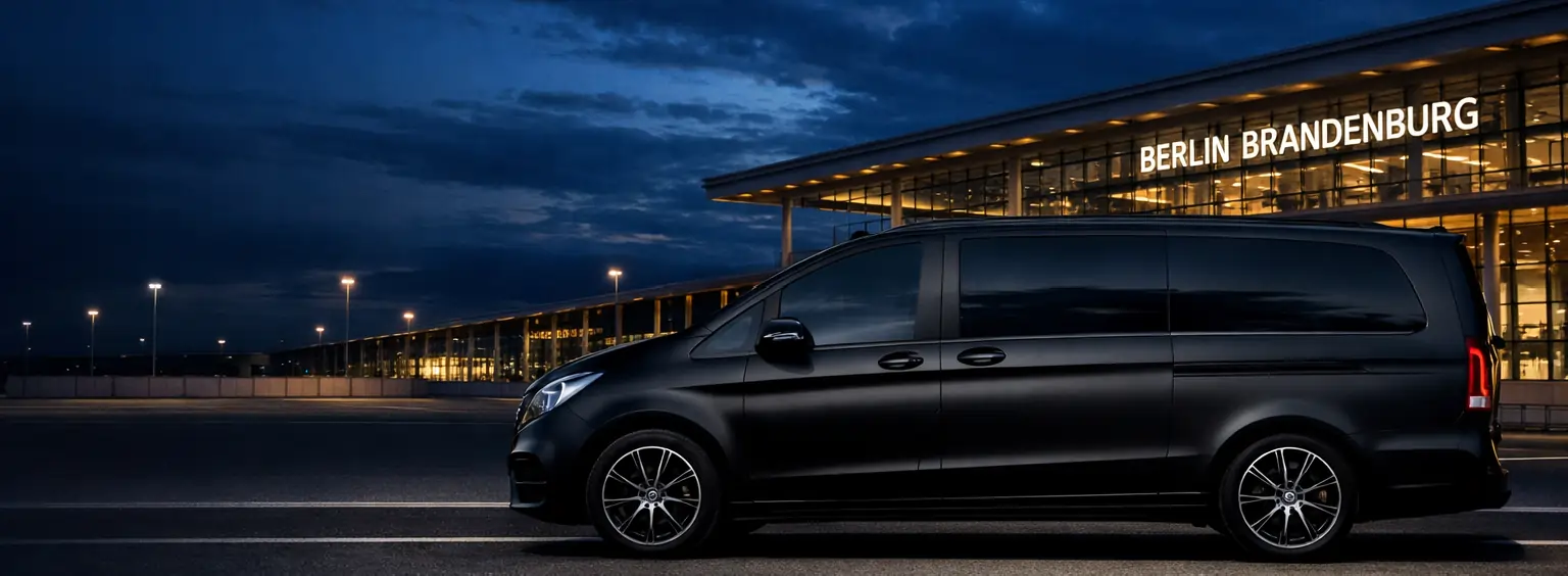 Schwarzer Luxus-Minivan am Flughafen Berlin Brandenburg (BER) für Premium-Transfers - Berlin, Deutschland, Europa. Professioneller Service 24/7 verfügbar.
