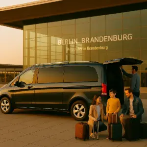 Familia con equipaje junto a un monovolumen frente a la terminal del aeropuerto Berlín-Brandeburgo (BER)