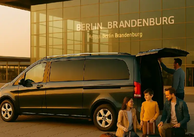 Familia con equipaje junto a un monovolumen frente a la terminal del aeropuerto Berlín-Brandeburgo (BER)