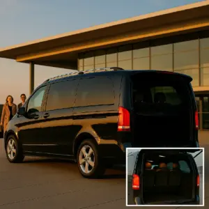 Premium-Minivan Mercedes-Benz V-Klasse am Terminal des Flughafens Berlin Brandenburg (BER) mit Gepäck im Kofferraum