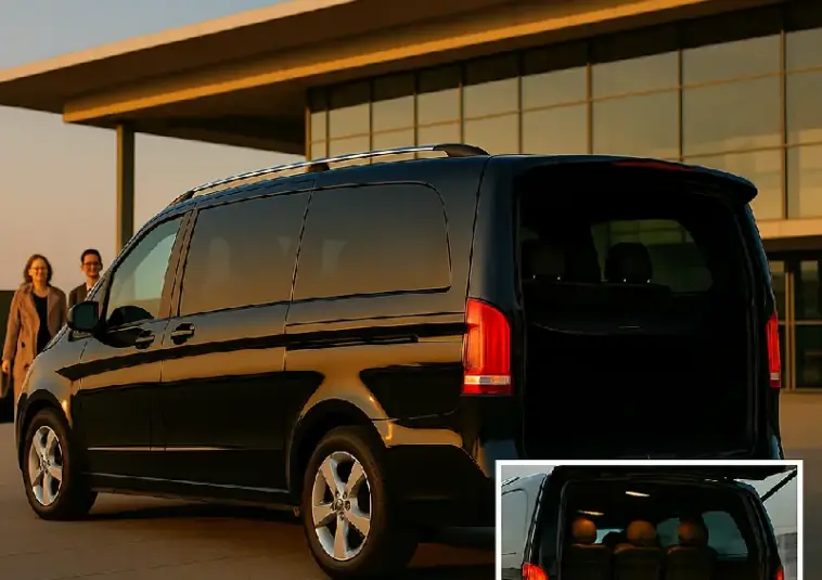 Premium-Minivan Mercedes-Benz V-Klasse am Terminal des Flughafens Berlin Brandenburg (BER) mit Gepäck im Kofferraum