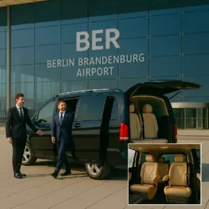 Mercedes-Benz Vito MPV at Berlin Brandenburg Airport (BER) terminal with passengers and interior view