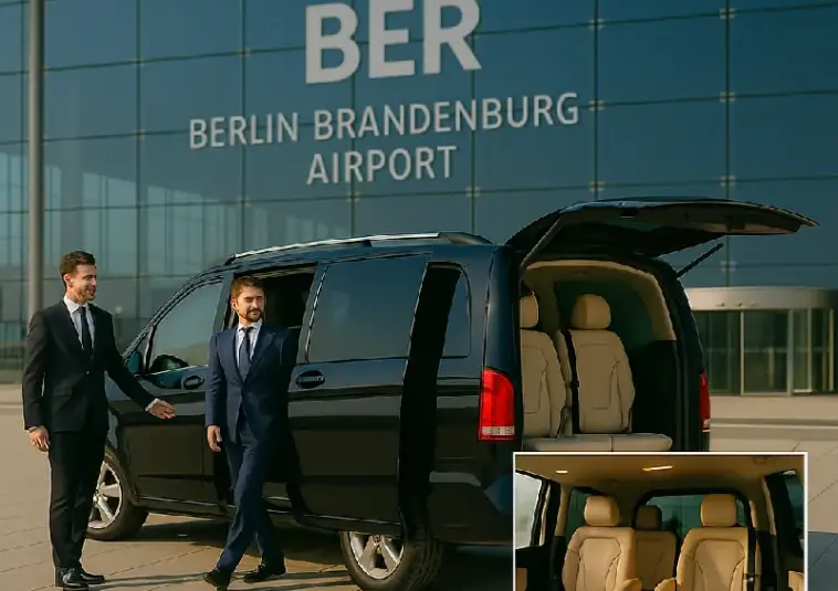 Mercedes-Benz Vito MPV at Berlin Brandenburg Airport (BER) terminal with passengers and interior view