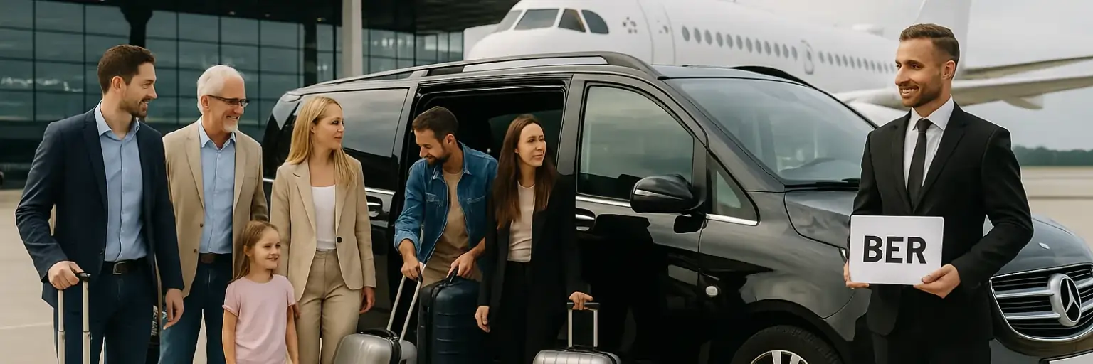 Passengers arriving at Berlin Brandenburg Airport (BER) for a trusted MPV transfer service in Berlin