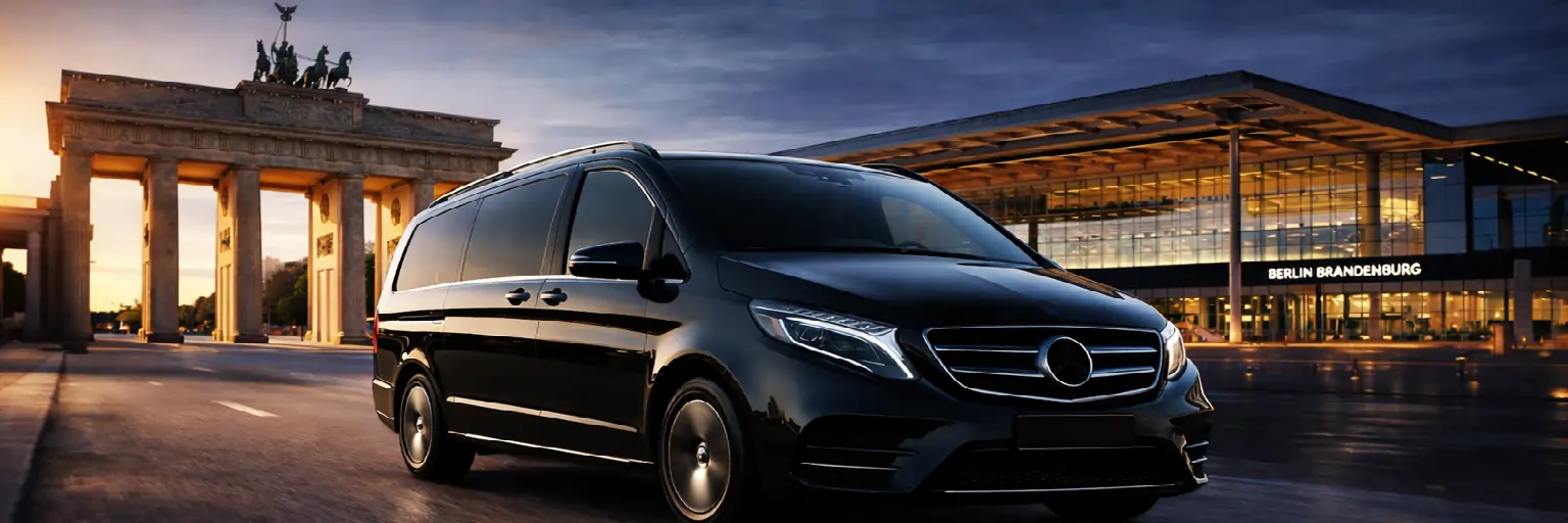 Van Mercedes-Benz Classe V noir devant l’aéroport de Berlin-Brandebourg (BER) avec la silhouette de Berlin au crépuscule – transfert aéroport premium