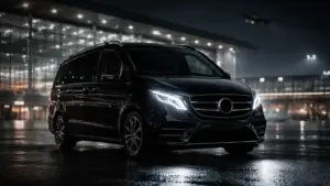Monovolumen Mercedes V-Class negro de lujo por la noche frente al aeropuerto de Berlín Brandeburgo (BER) con reflejos en el asfalto mojado