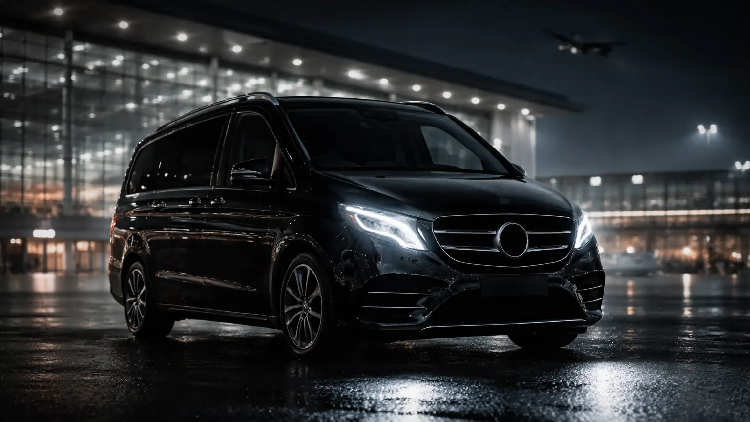 Luxury black Mercedes V-Class MPV at night in front of Berlin Brandenburg Airport (BER) with headlights reflecting on wet asphalt