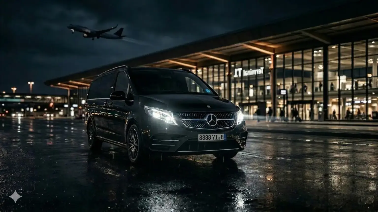 Luxuriöser schwarzer Mercedes V-Klasse Minivan nachts vor dem Flughafen Berlin Brandenburg (BER) mit Lichtreflexionen auf nassem Asphalt